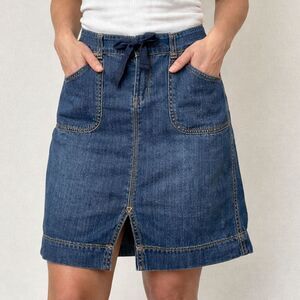 Y2K Eddie Bauer Denim Skirt Womens 6 Blue Utility Front Slit Pockets 32” Waist